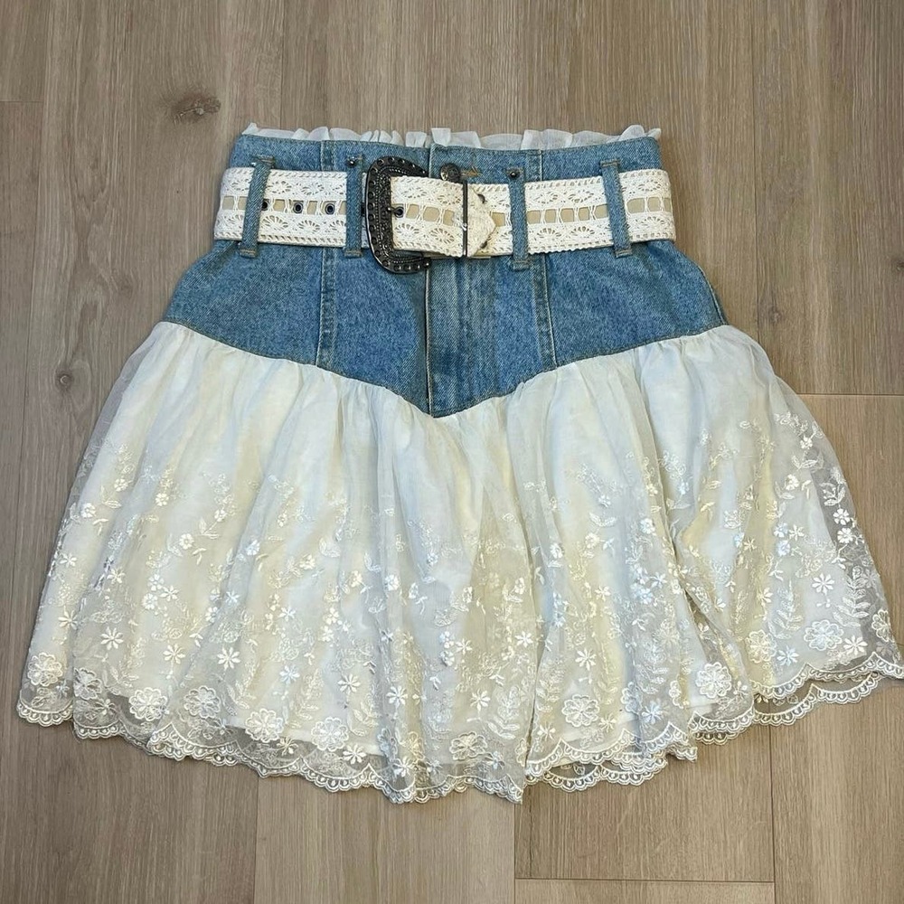 Denim and Ivory Lace Mini Skirt with Belt